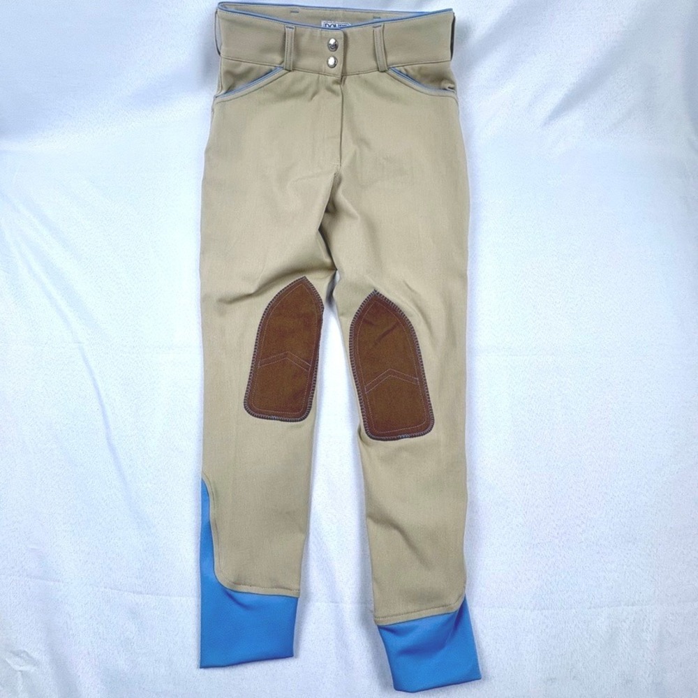 Dover Saddlery Riding Breeches Wellesley Tan Cornflower Knee Patch Size 16